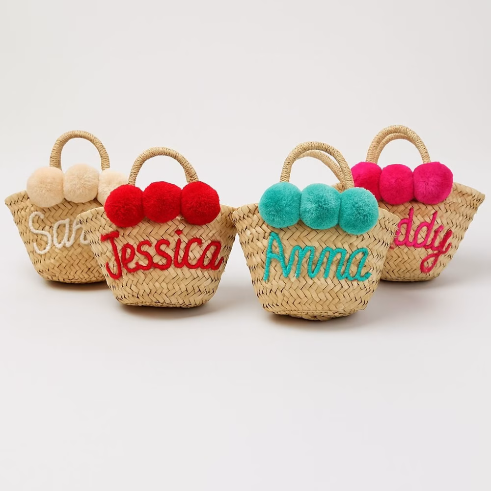Personalized Mini Straw Bag Set - Custom Name Beach Bags with Pom Poms - Image 5