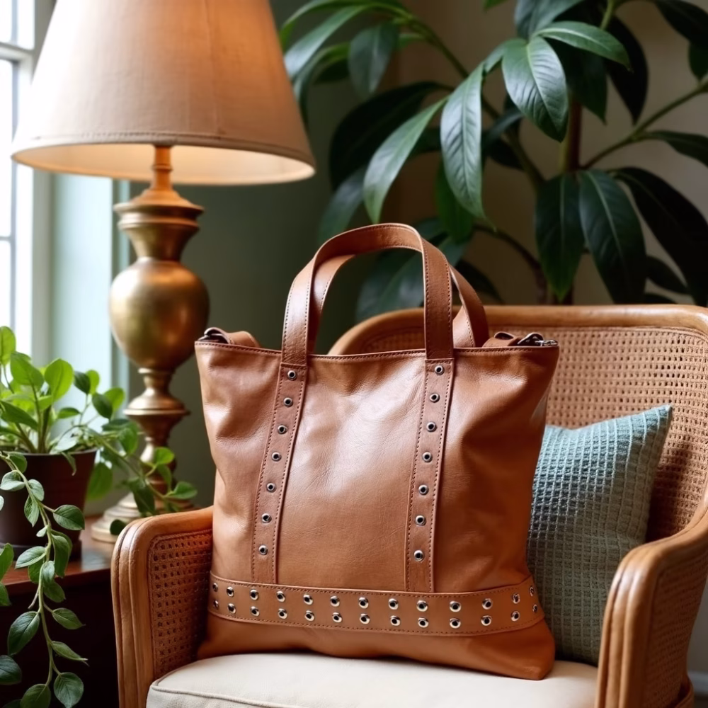 Tan leather shopper bag displayed in modern interior