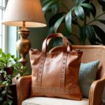 Artisanal tan leather shopper bag with rivet trim on cushioned chair beside brass lamp