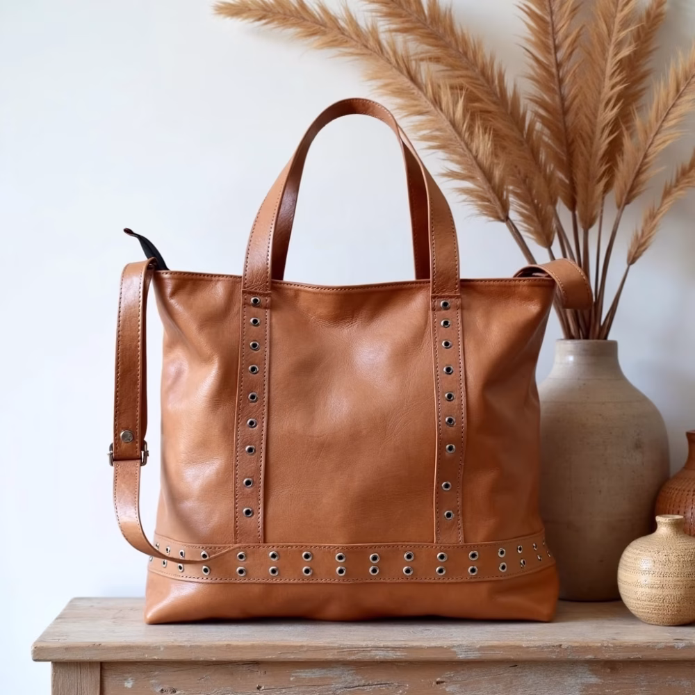 Tan leather shopper bag styled with dried flowers and ceramics