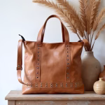 Tan leather shopper bag styled with dried flowers and ceramics
