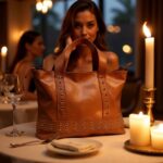 Elegant tan leather shopper bag with metal rivets displayed on candlelit dining table