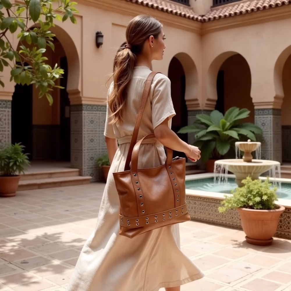 Lifestyle shot of leather shopper bag in traditional architecture