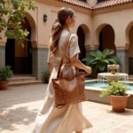 Woman carrying tan leather shopper bag cross-body in Mediterranean courtyard with fountain