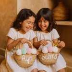 Two laughing girls in cream dresses holding personalized mini straw bag with pastel pom-poms and embroidered names Aya and Salma.