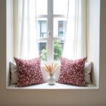 Red floral pillow covers on window seat with white curtains, burgundy appliqué cushion set for home decor