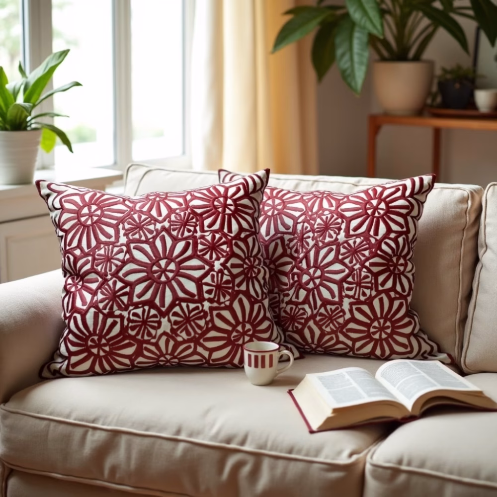 Red Moroccan cushions with open book on white couch