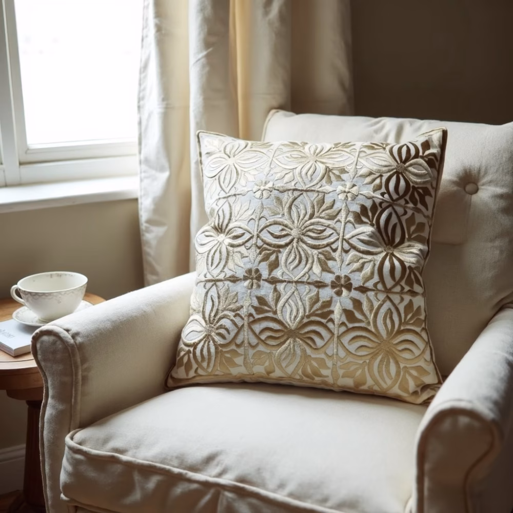 Beige hand embroidered pillow cover on white armchair