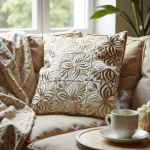 Hand embroidery pillow cover styled with coffee cup and natural light