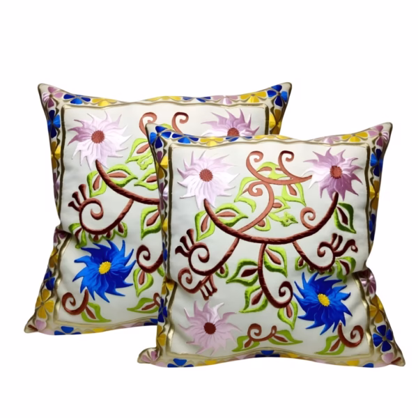 Set of multicolor embroidered pillow cases with bird and flower design