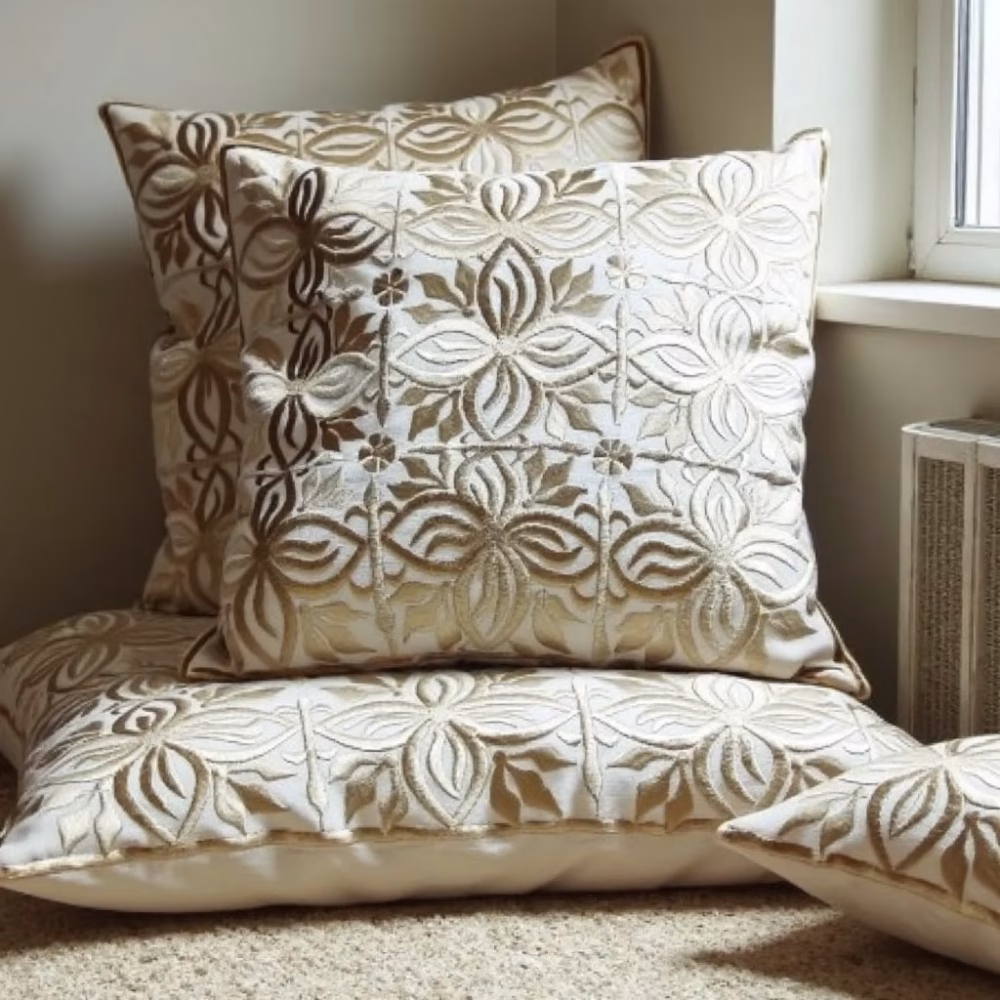 Close-up of beige pillow cover showing detailed hand embroidery