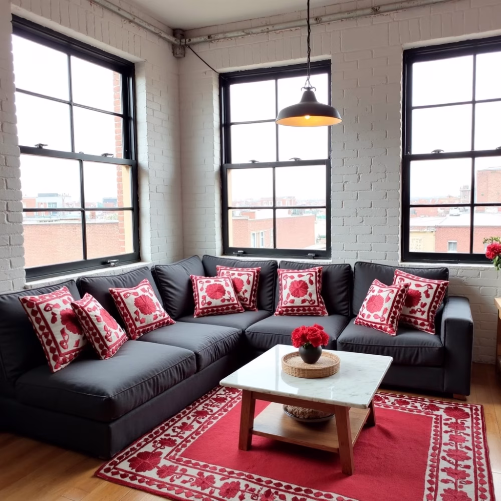 Red Moroccan pillows styled on gray sectional with matching rug