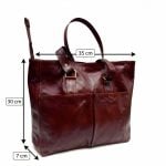 Angled view of a reddish-brown leather tote bag showing its dimensions: 35 cm in width, 30 cm in height, and 7 cm in depth. The bag features two large exterior front pockets, top handles attached with brass hardware, and visible stitching details.