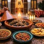 A steaming lamb tagine surrounded by colorful vegetable salads, fresh bread, and Moroccan lanterns on a candlelit table in a traditional Riad, illustrating a blissful Moroccan dining experience.