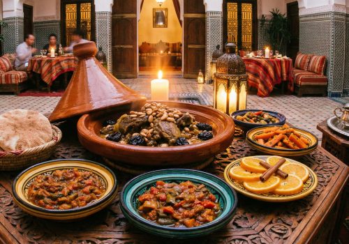 A steaming lamb tagine surrounded by colorful vegetable salads, fresh bread, and Moroccan lanterns on a candlelit table in a traditional Riad, illustrating a blissful Moroccan dining experience.