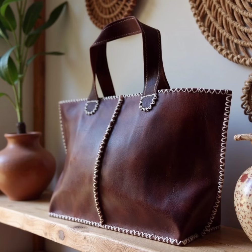 Close-up of dark brown leather tote showing detailed hand stitching and texture