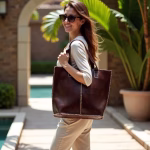 Model wearing dark brown leather tote bag, lifestyle shot in garden setting