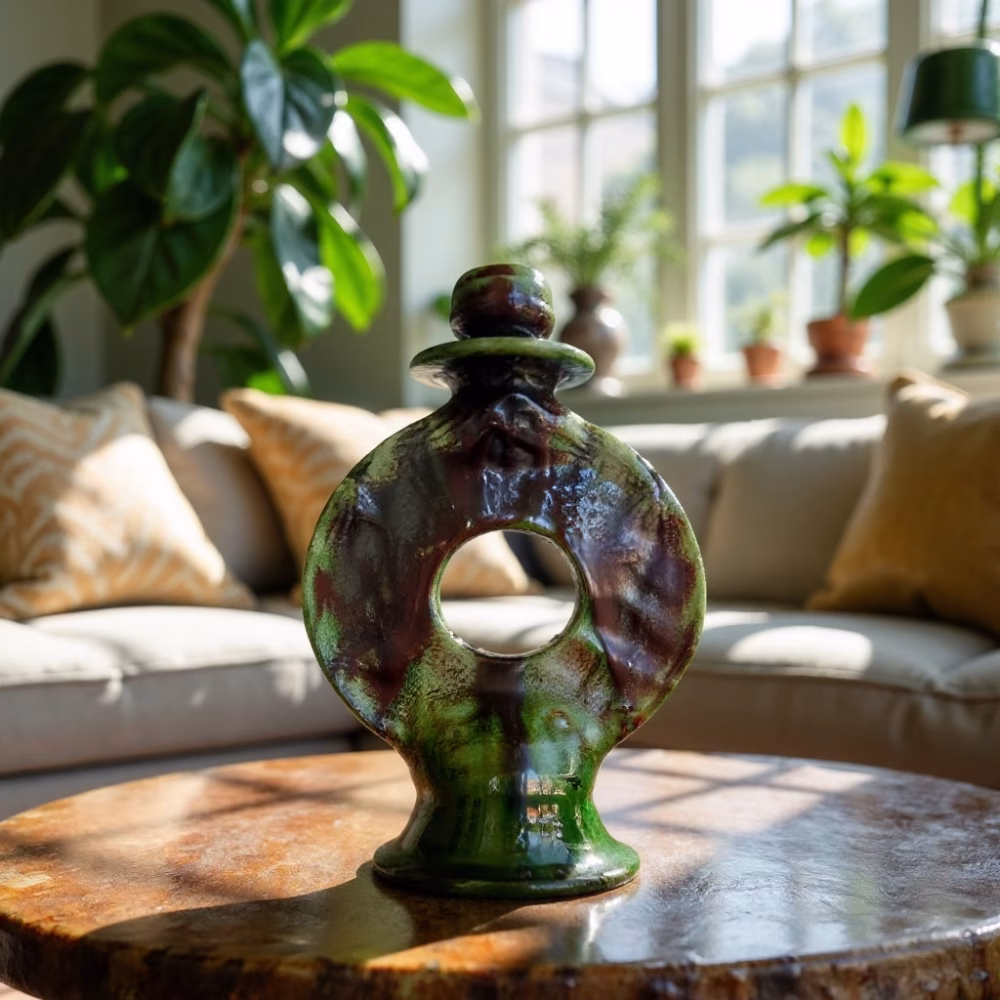 Handmade Round Green Pottery Candlestick from Tamegroute