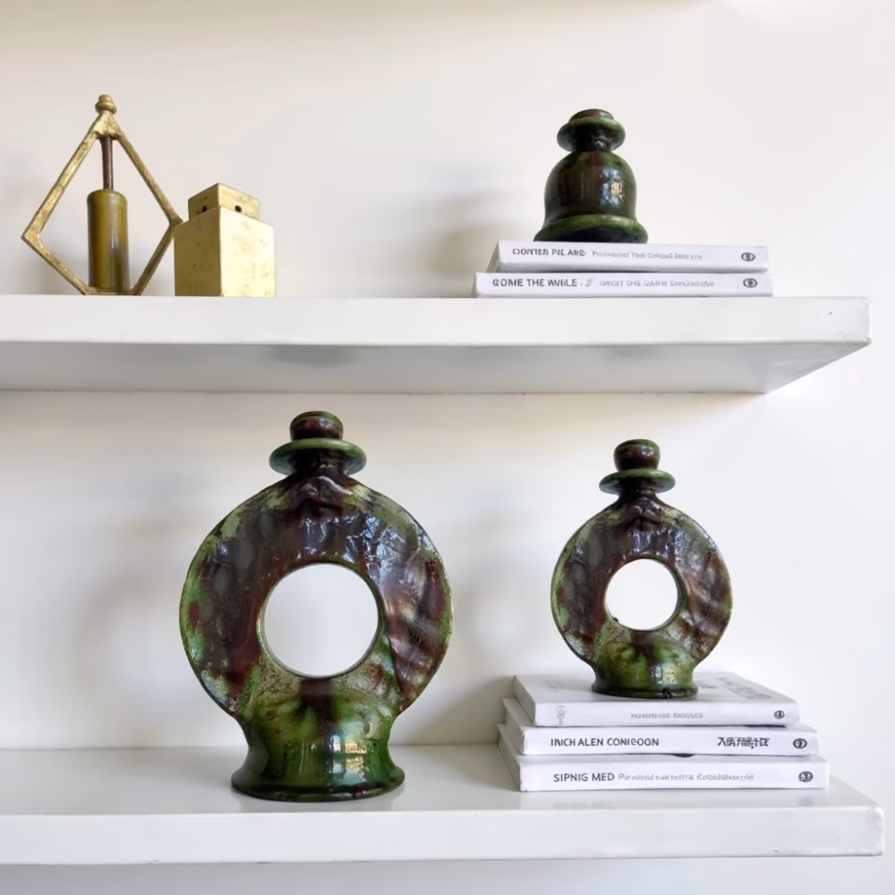 Handmade Round Green Pottery Candlestick from Tamegroute
