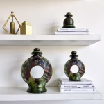 Handmade Round Green Pottery Candlestick from Tamegroute