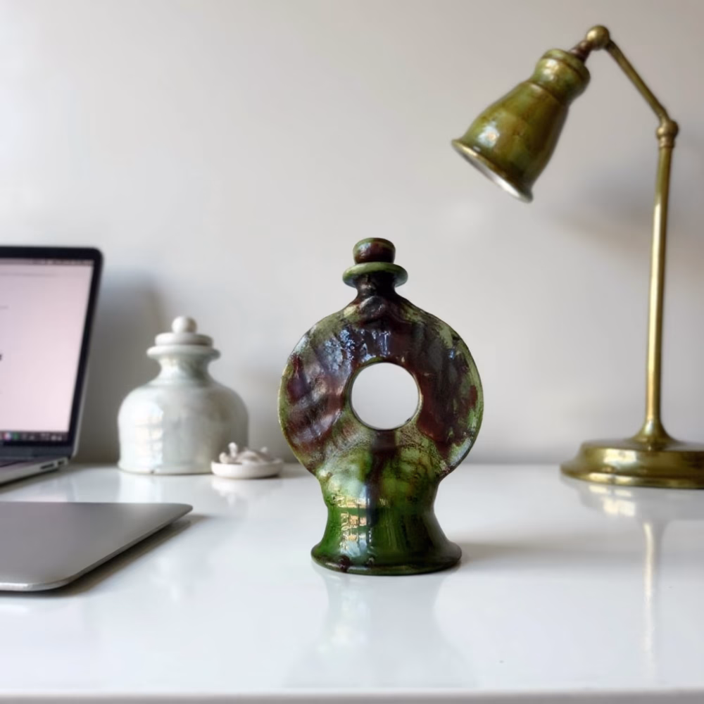 Handmade Round Green Pottery Candlestick from Tamegroute