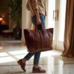 Versatile leather tote bag in cognac carried casually with jeans, perfect everyday work bag for women