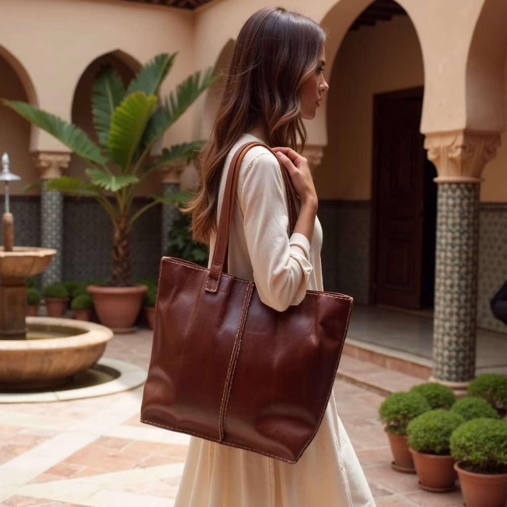 Woman carrying dark brown leather tote in courtyard