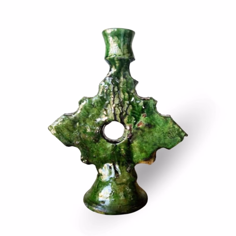 Vintage ceramic candle holders with green cross design