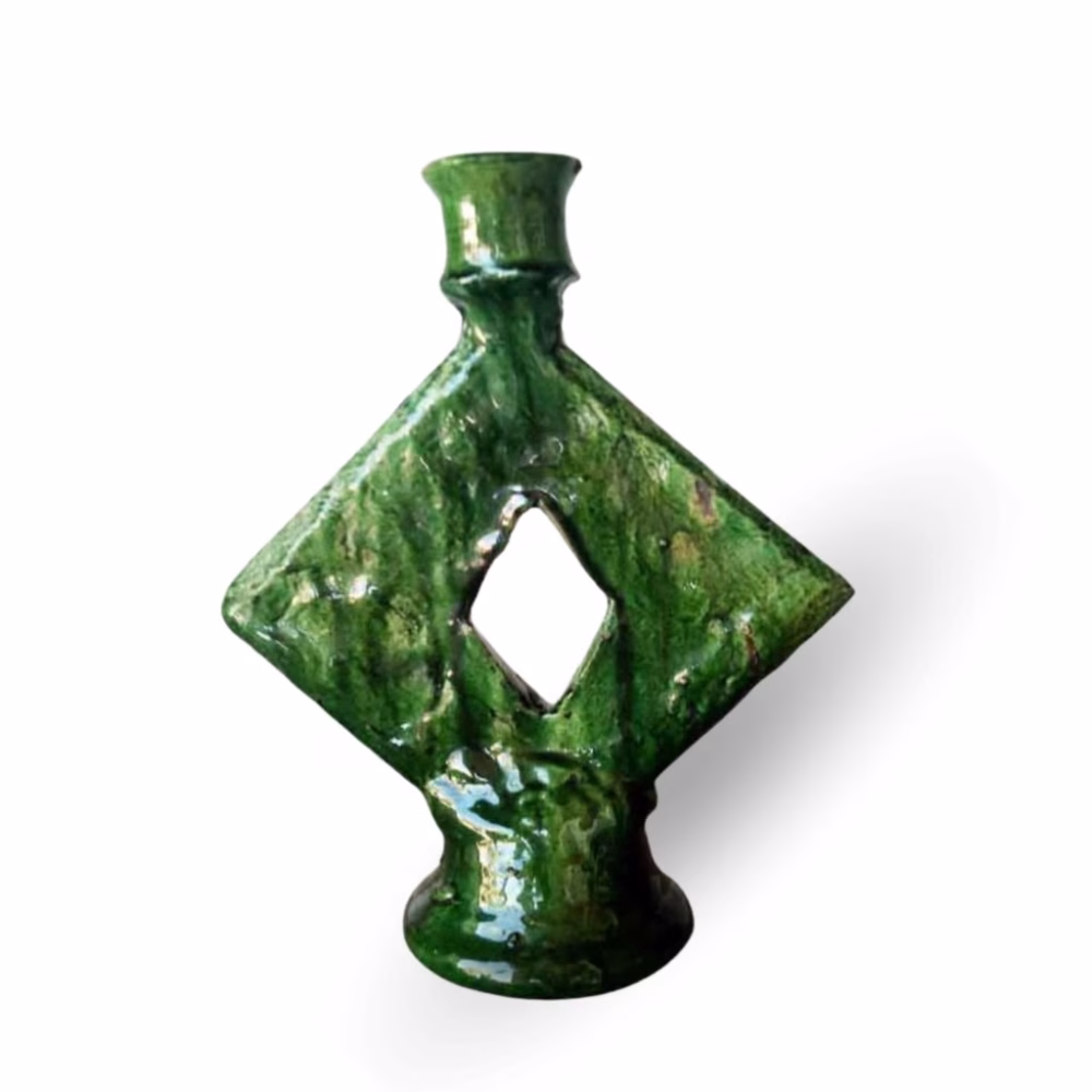Original green ceramic candle holder with diamond design