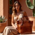 Woman modeling brown leather tote bag with zipper in beige dress, poolside setting