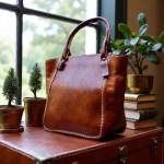 Lifestyle photo of leather tote bag in modern home setting
