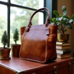 Handmade brown leather tote bag with zipper on windowsill, displaying natural patina