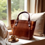 Leather tote bag with zipper in home setting with coffee