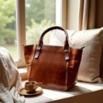 Brown leather tote bag with zipper resting on window seat cushion beside coffee cup