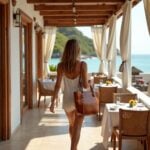 Woman carrying brown leather tote bag with zipper on shoulder, beachfront terrace view