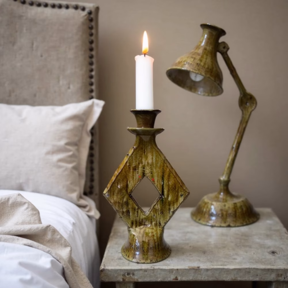 Moroccan ceramic candle holder in cozy bedroom setting