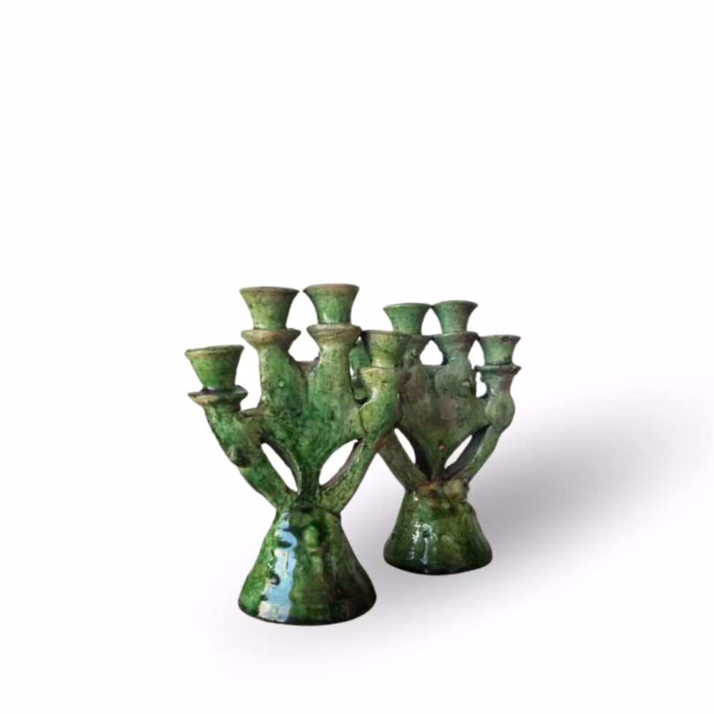 Set of 2 Handmade Green Pottery Candle Holders from Tamegroute