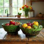 Tamegroute ceramic bowls filled with colorful fresh fruits on rustic wooden table in farmhouse kitchen