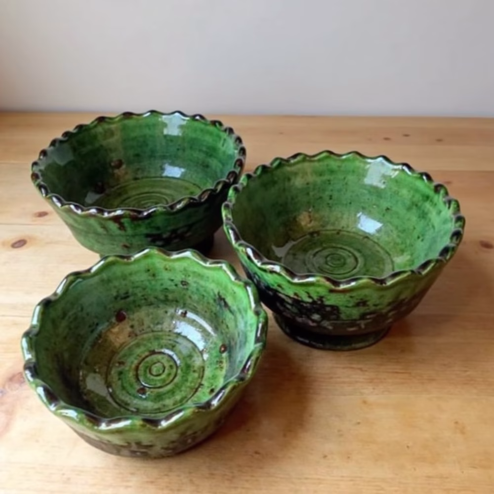 Set of 3 Moroccan Tamegroute Ceramic Bowls
