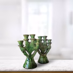 Set of 2 Handmade Green Pottery Candle Holders from Tamegroute
