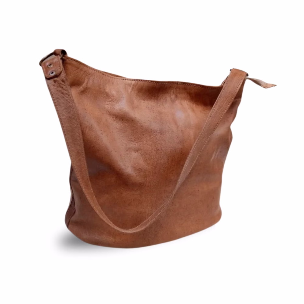 Simple tan leather tote bag side view