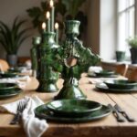 Emerald green vintage ceramic candle holder centerpiece on rustic dining table setting