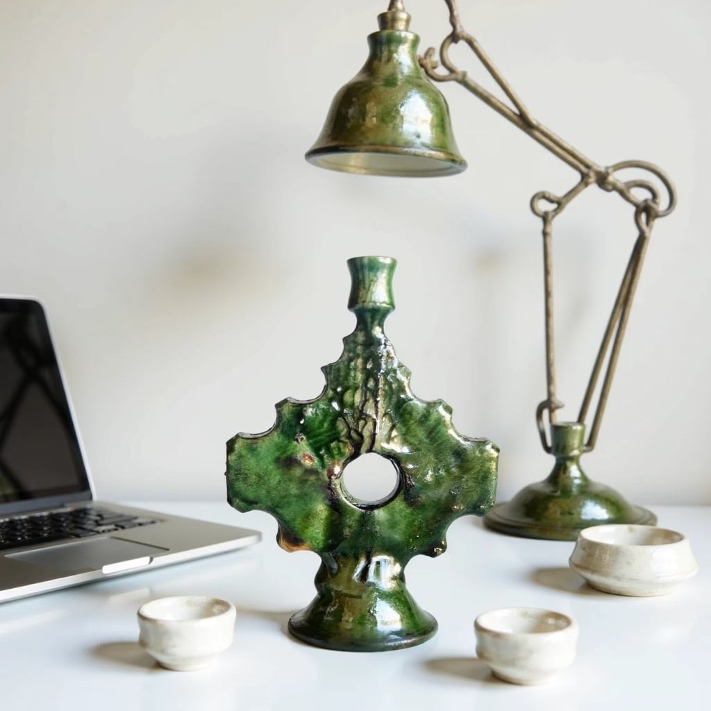 Vintage Handmade Green Ceramic Candle Holders from Tamegroute (4) Vintage ceramic candle holder with emerald green Tamegroute glaze and ornate cross design on desk
