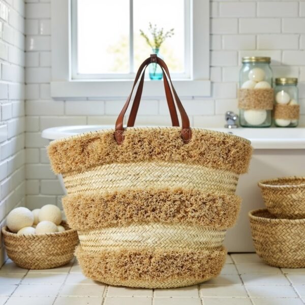 Top view of open striped straw bag revealing wide round basket base of woven palm fiber