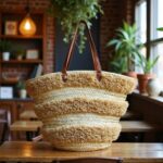 Striped straw bag with short leather handles resting on surface handwoven raffia tote