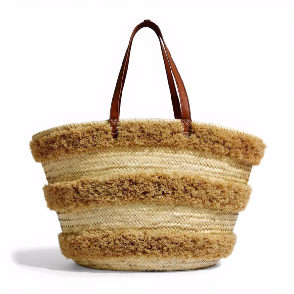Front view of striped straw beach tote showing natural raffia texture