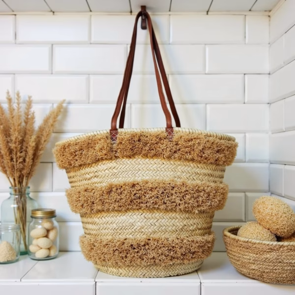 Natural raffia beach tote styled with dried flowers and white tiles