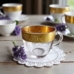 Hand-painted gold filigree on a clear glass coffee cups unit with an integrated glass saucer base on white