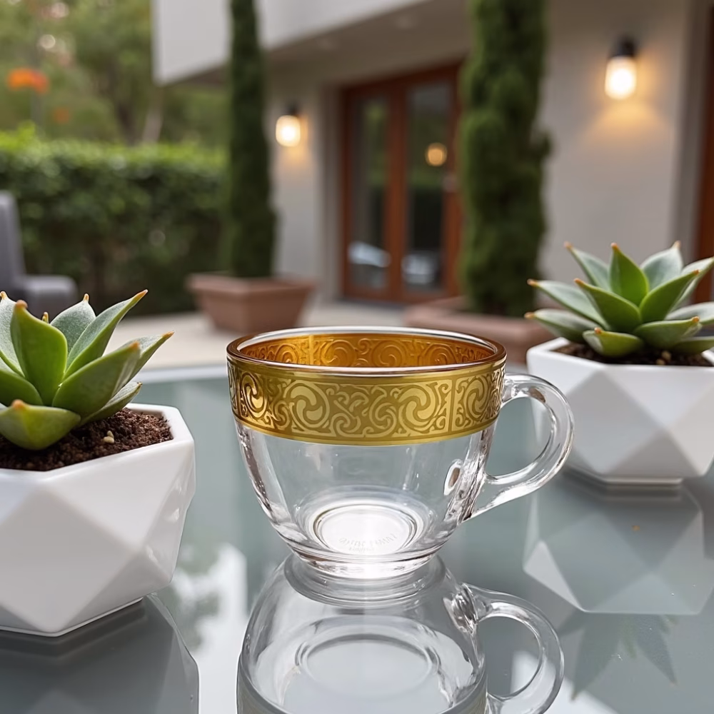 Coffee cup with gold pattern in outdoor setting