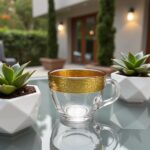 Trio of glass coffee cups featuring gold lattice filigree and integrated glass saucer bases on white background